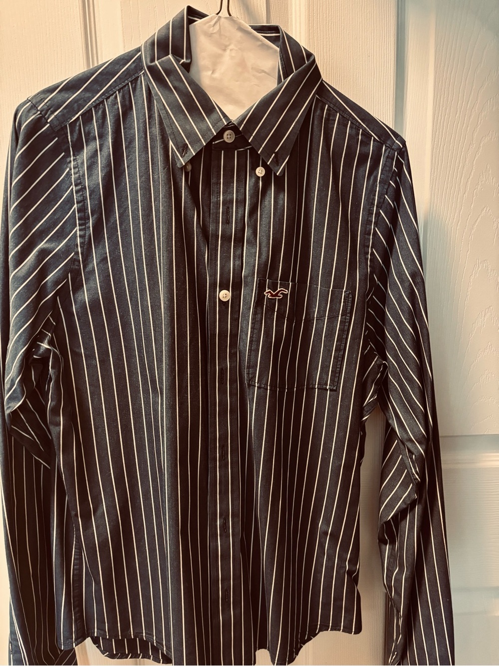Hollister Men’s Dark Blue Button-Down Shirt with White Pinstripes